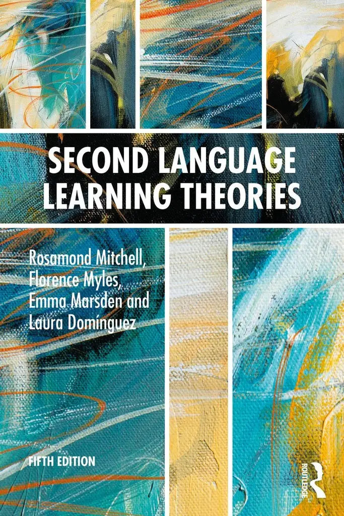 De omslag van het boek second language learning theories vijfde editie toont abstracte kunst in blauw en geel met witte tekst