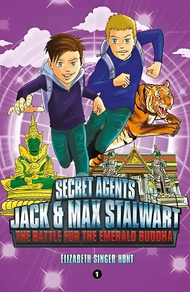 The vibrant purple cover of the childrens book secret agents jack and max stalwart book 1 features two boys running with a tiger and golden temples