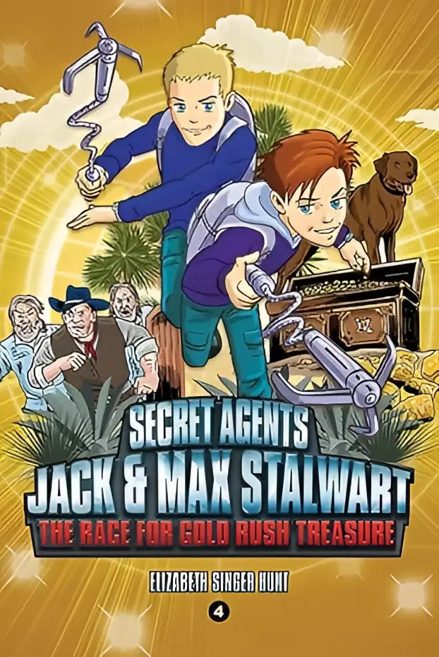 De levendige omslag van het kinderboek Secret agents jack and max stalwart boek 4 toont twee jonge avonturiers tegen een gouden achtergrond