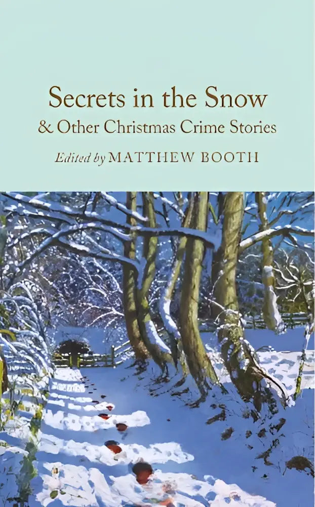 De boekenhoes toont een winterse sneeuwlandschap met besneeuwde bomen en pad voor kerstmis misdaadverhalen de sneeuw