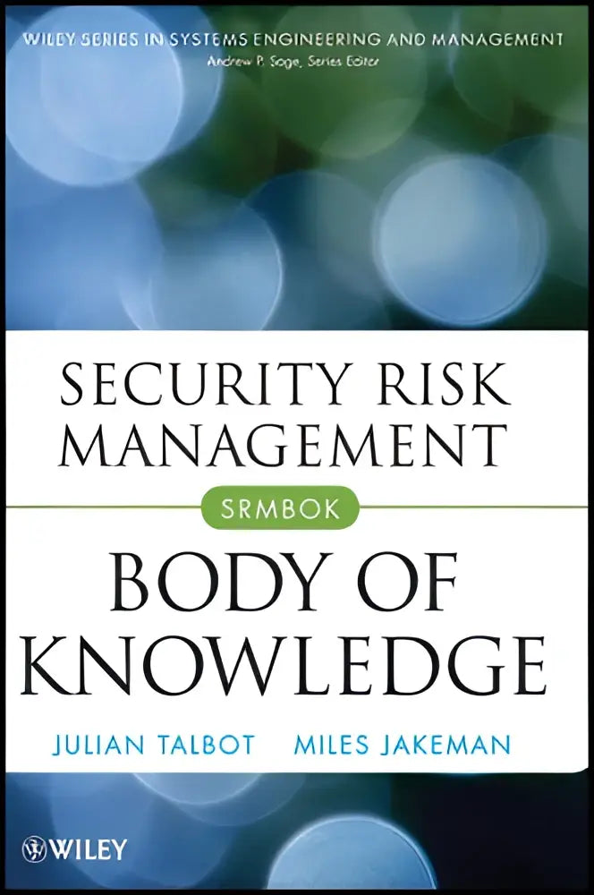 Hardcoverboek security risk management body of knowledge met minimalistisch ontwerp en zwarte tekst op wit paneel