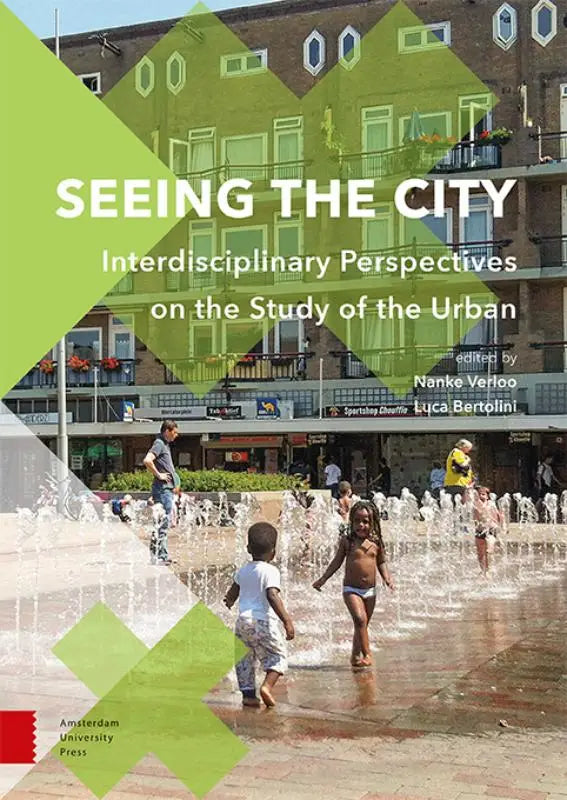 The book seeing the city features bold white title letters and children playing in a fountain on the cover