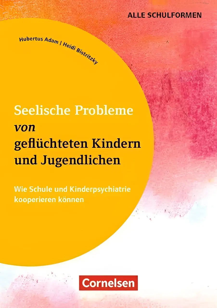 Gele boekomslag met zwarte tekst en rode uitgeverslogo van seelische probleme von geflüchteten kindern und jugendlichen