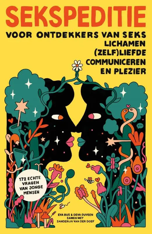 Vibrant geel boekcover van sekspeditie met gestileerde zwarte silhouetten en kleurrijke flora en fauna