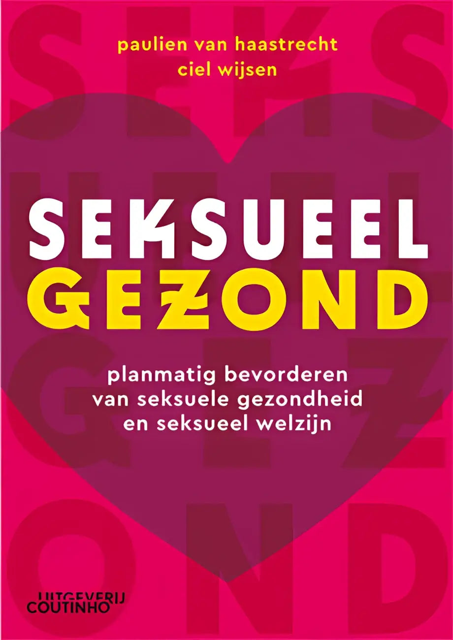 Seksueel gezond: levendige roze boekhoes met wit-geel tekst en paars hart
