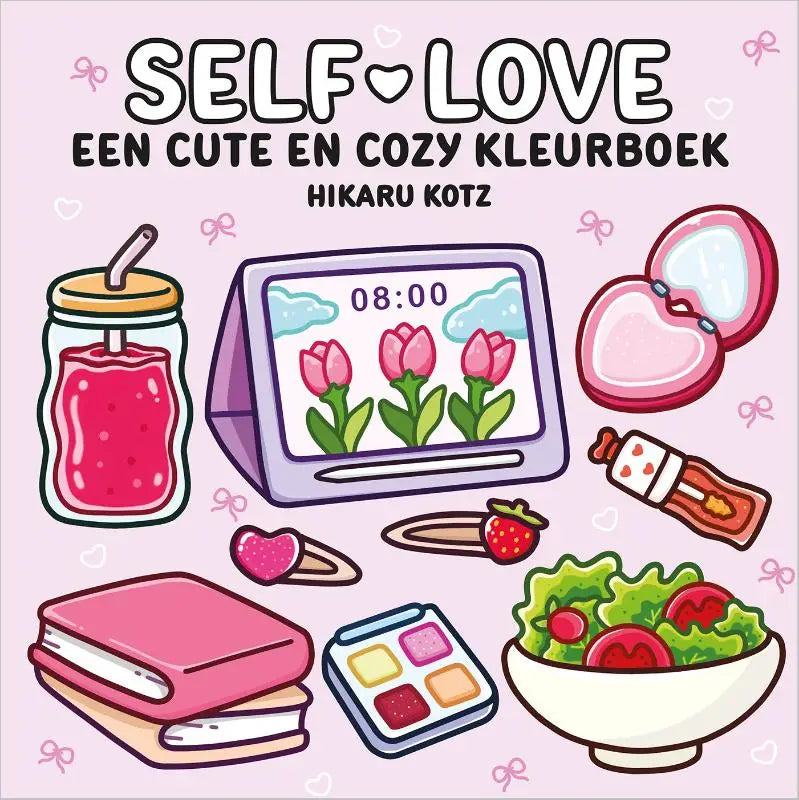 Roze hartvormige compact spiegel met glanzende afwerking en zilveren scharnier uit cozy kleurboek voor jonge lezers