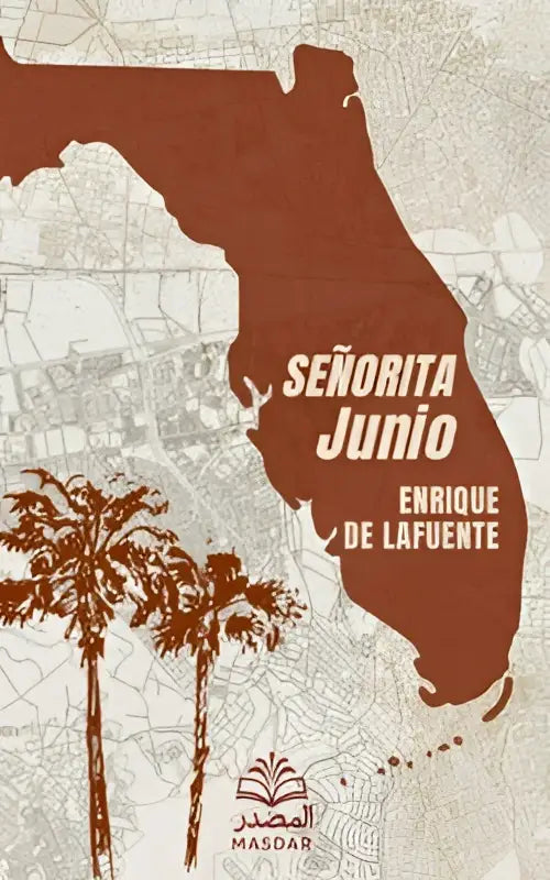 De boekcover van señorita junio toont een gestileerde kaart van florida in diep rood met beige patroon achtergrond