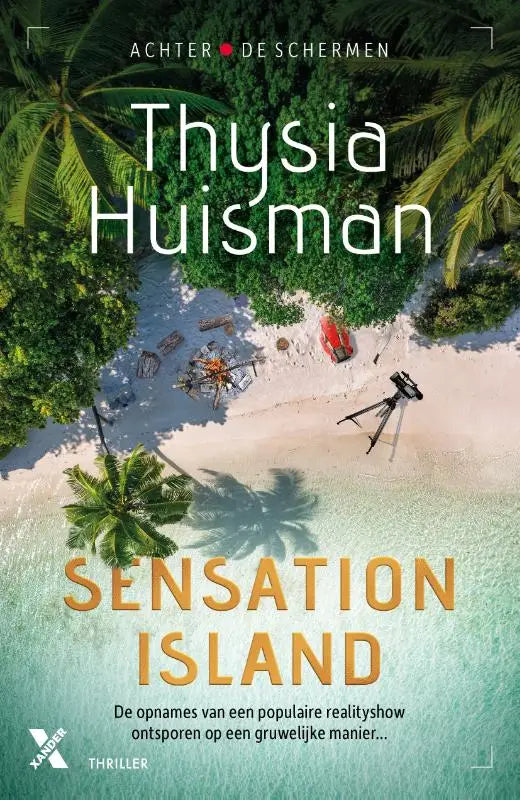 De boekcover van sensation island toont een tropisch eiland met groene palmbomen, turkooizen water en stranduitrusting