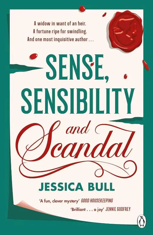 The book cover for sense sensibility and scandal by jessica bull features bold teal lettering and red wax seal accents