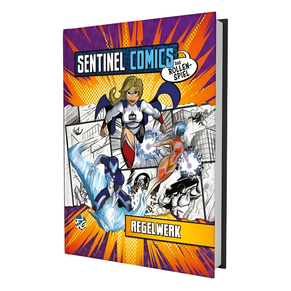 De vibrant oranje en paarse cover van sentinel comics das rollenspiel regelwerk toont dynamische comicstijl artwork met superhelden in actie