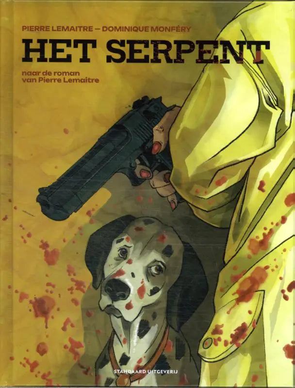 Gele regenjas met zwarte vlekken en rode spatten uit het product het serpent gedragen door figuur met pistool boven dalmatiër