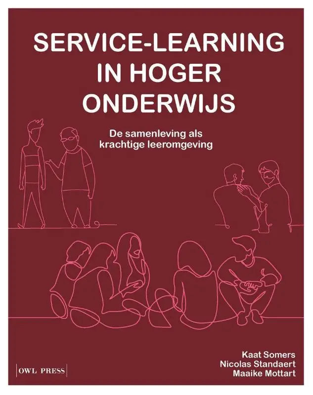 Maroon boekomslag van service-learning in hoger onderwijs met witte tekst en roze lijnillustraties over krachtige leeromgeving
