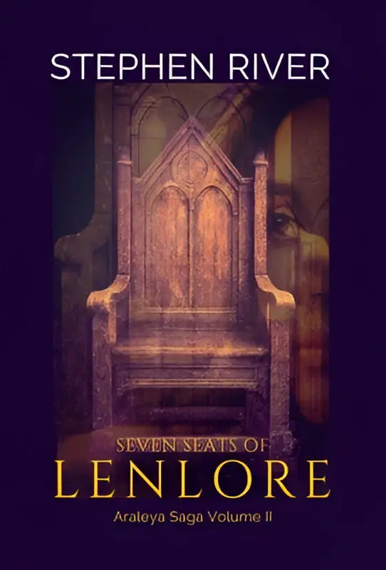 De cover van seven seats of lenlore toont een donker, rijkelijk bewerkte houten troon met hoge bogen uit the araleya saga