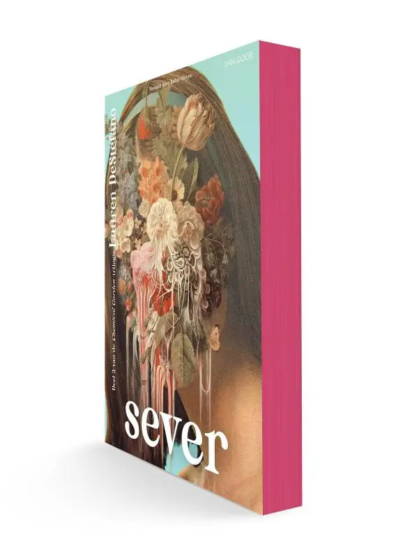 A hardcover book titled Sever by Lauren DeStefano with vibrant pink spine and surreal floral cover from Chemical Garden trilogy