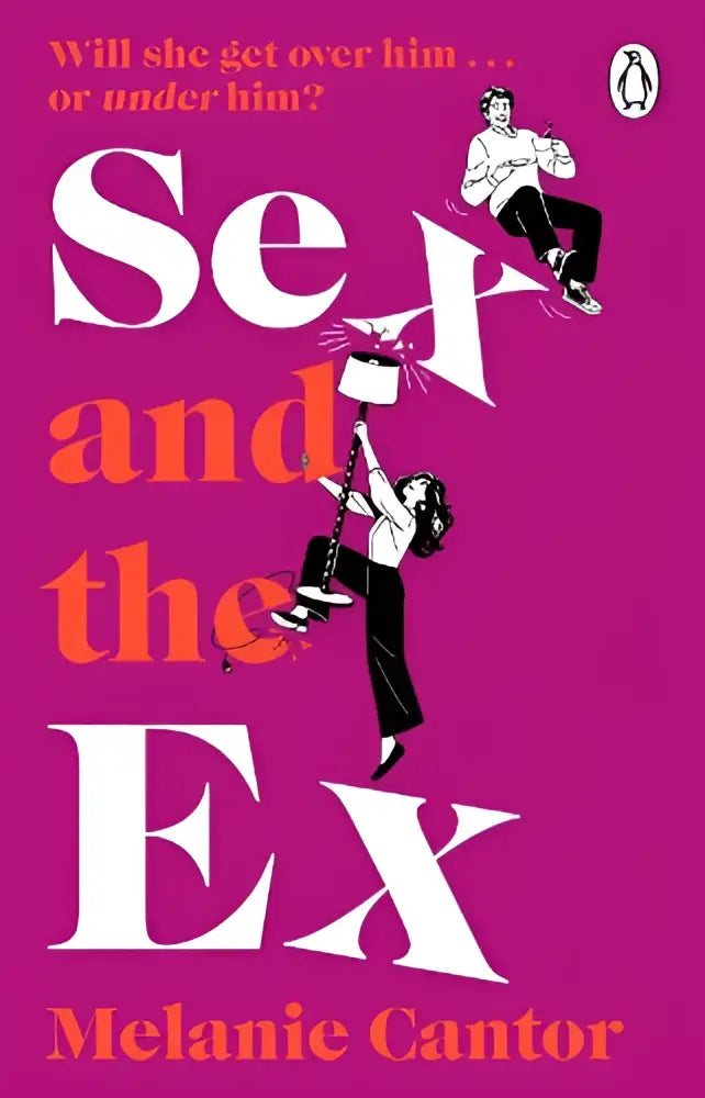 De levendige magenta boekomslag van sex and the ex toont de titel in witte en oranje letters met dansende figuren