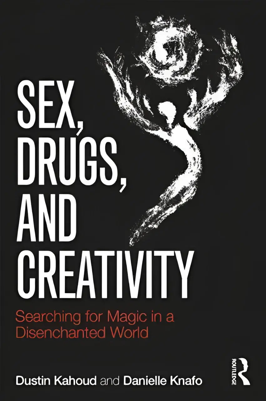 Zwart boekomslag met witte tekst en gestileerde abstracte figuur illustratie over drugs en creativiteit