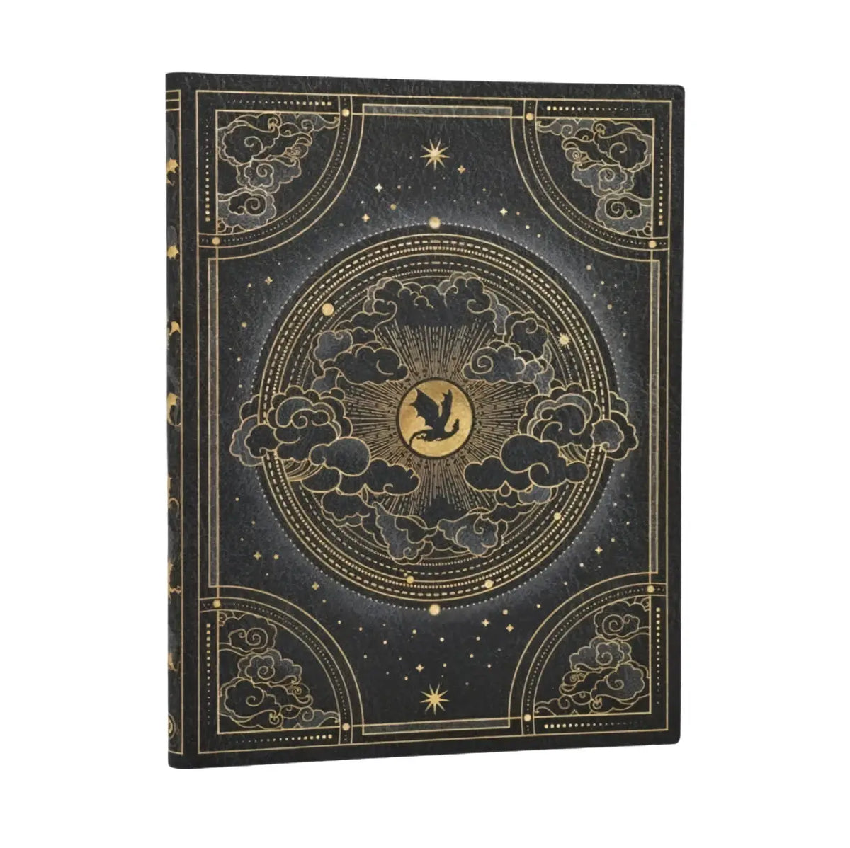Zwart journal met goud-gestempeld hemels ontwerp en een centrale vogel in vlucht in wolken en sterren shadows of navarre fourth wing journal ultralineer