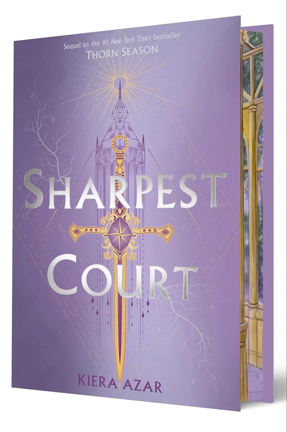 Paars hardcover boek sharpest court deluxe limited edition met gouden zwaard en toren illustratie van kiera azar