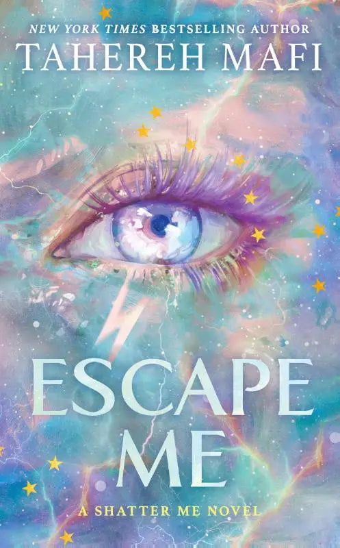 A vibrant stylized eye with purple lashes and blue iris on a cosmic background for Shatter Me The New Republic Escape Me product