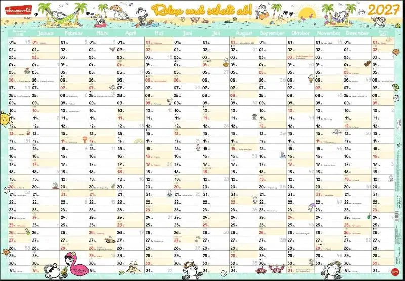 sheepworld Posterplaner 2027 - Liebevoll illustrierter Wand-Kalender mit niedlichen Schaf-Cartoons. Praktischer Jahresplaner 2027 zum Eintragen.