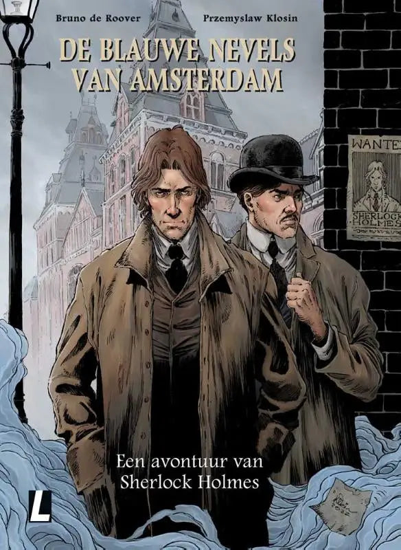 De cover van het comic boek sherlock holmes bevat twee mannen in periode kleding met blauwe nevels van amsterdam