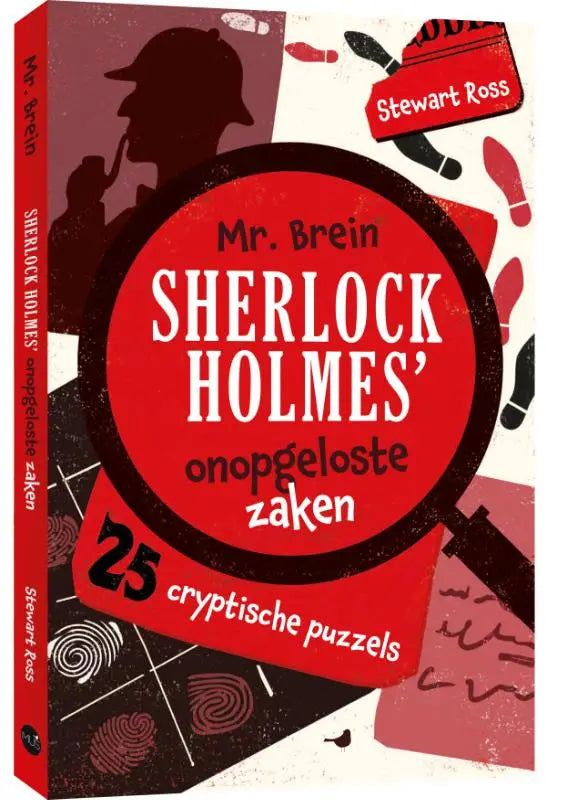 Rood boek met de silhouet van de bekendste detective sherlock holmes en vingerafdrukken met titel onopgeloste zaken