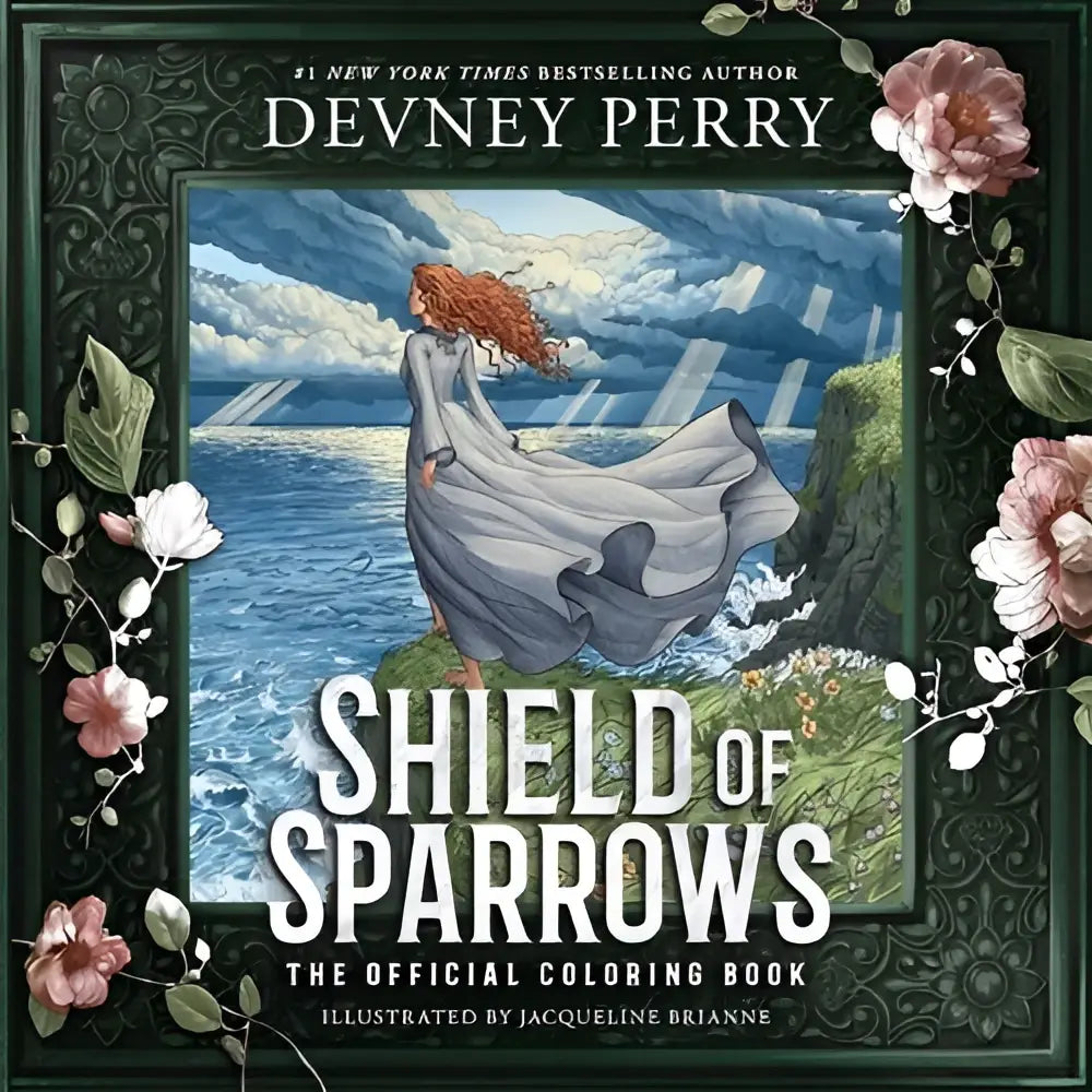 De cover van shield of sparrows the official coloring book toont een vrouw in een witte jurk op een klif aan de oceaan