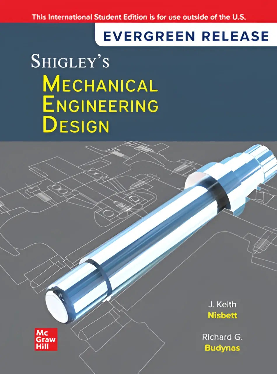 De cover van shigleys mechanical engineering design 2024 is een metallic blauw cilindrisch mechanisch onderdeel met engineering design schetsen