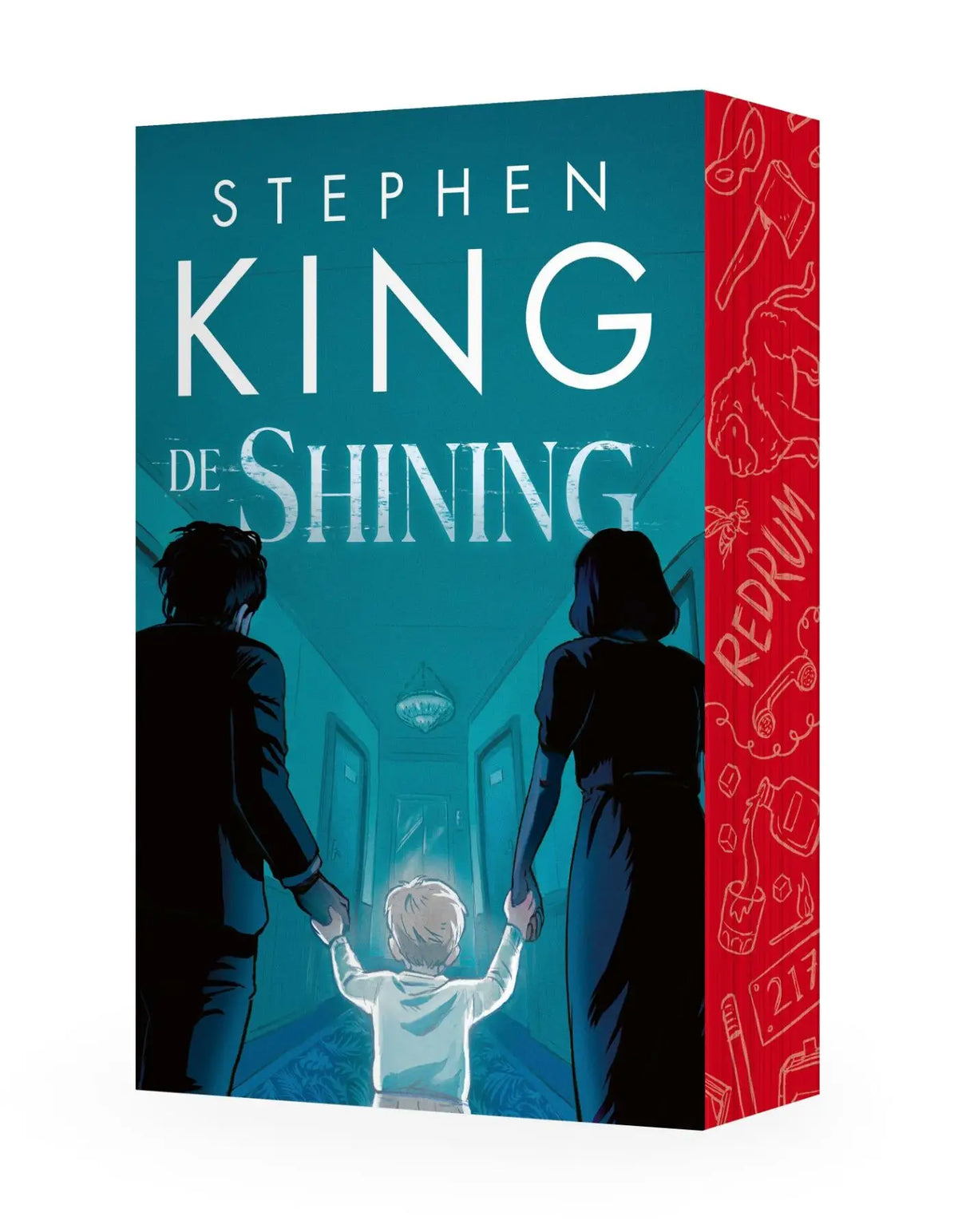Teal en rode hardcover boekbox van stephen king de shining met illustratie van gezin in gang luxe editie luitingh sijthoff