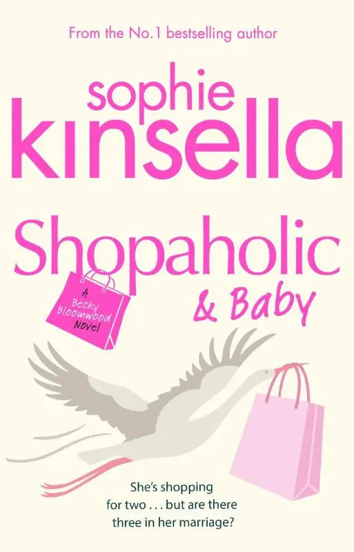 Roze papieren boodschappentas met handvatten geïllustreerd op de cover van shopaholic en baby van sophie kinsella