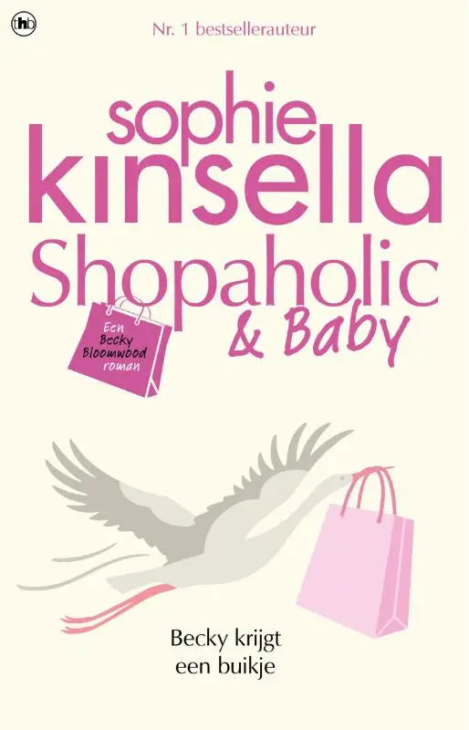 Illustratie van een roze papieren winkelzak met rode handvatten op de kaft van sophie kinsella shopaholic en baby