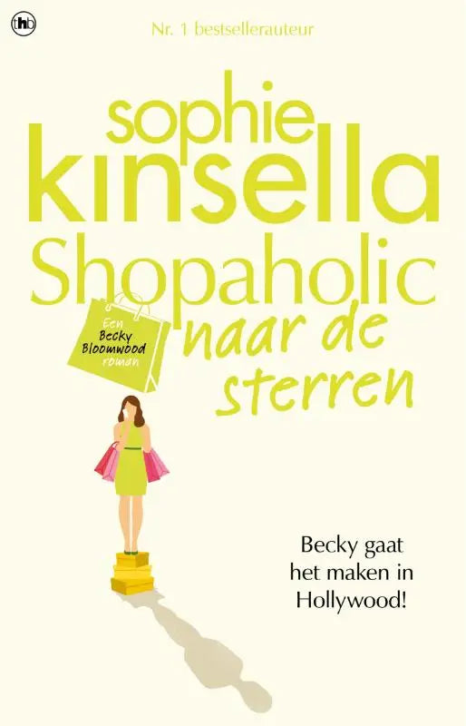 Gele boekomslag van de nederlandstalige roman shopaholic naar de sterren door sophie kinsella met vrouw in groene jurk en roze tassen