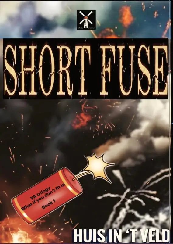 Rood cilindrisch vuurwerk short fuse met ontbrande lont en gouden sterrenexplosie gelabeld ya trilogy young adult trilogy