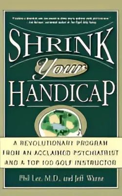 Groen-witte boekomslag van shrink your handicap met titel en cirkelvormig embleem voor golfverbetering