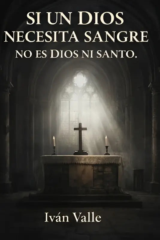 Boekcover van si un dios necesita sangre no es dios ni santo met donkere kathedraal en licht door glas in lood