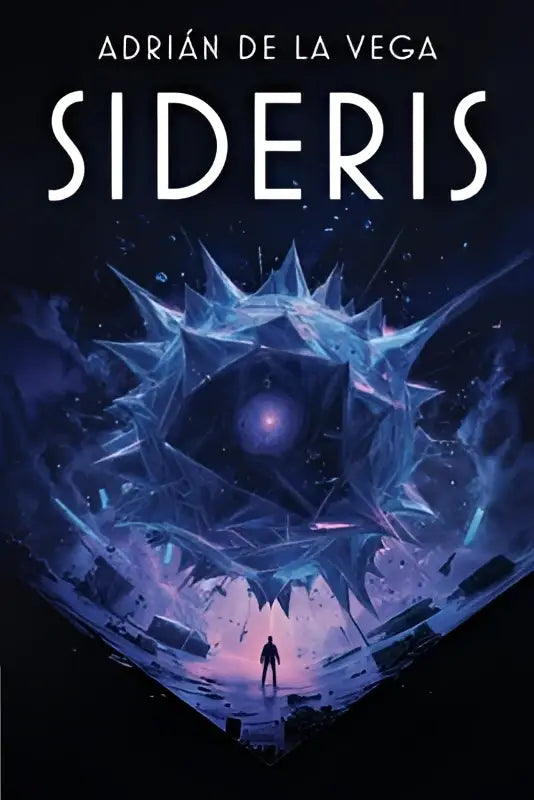 Het boek Sideris heeft een omslag met een ijzig blauw kristallen ontwerp en scherpe spikes rondom een gloeiende bol