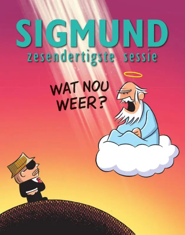 Cartoonillustratie van een gehulde, gezalfde figuur in lichtblauwe gewaden op een wolk boven een man met ooglap sigmund zesendertigste sessie