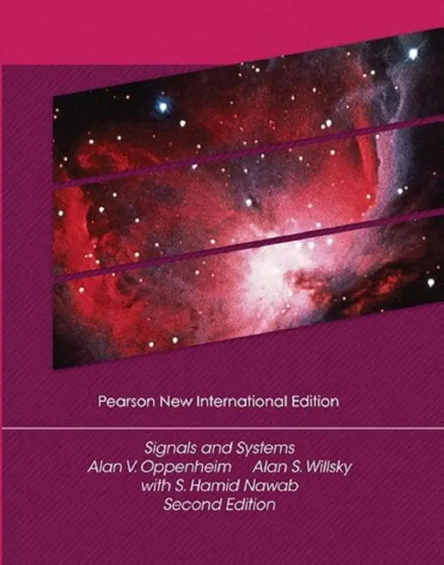 De book cover van signals and systems pearson new international edition toont een levendige kosmische nevel in rood en paars