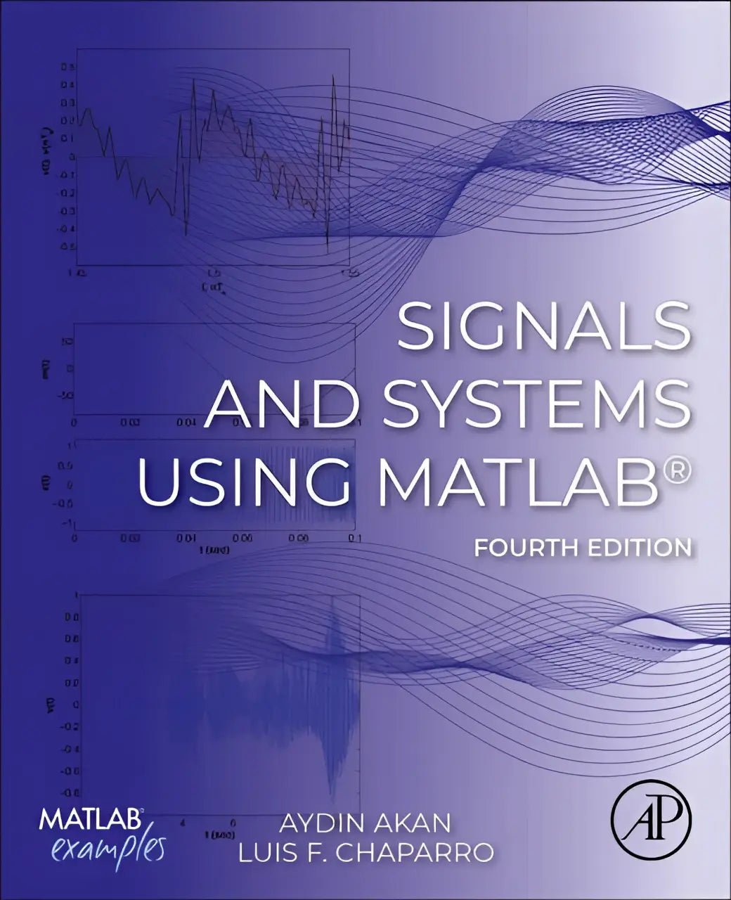 De boekcover voor signals and systems using matlab toont witte tekst op een blauw verloop met technische signaalgrafieken