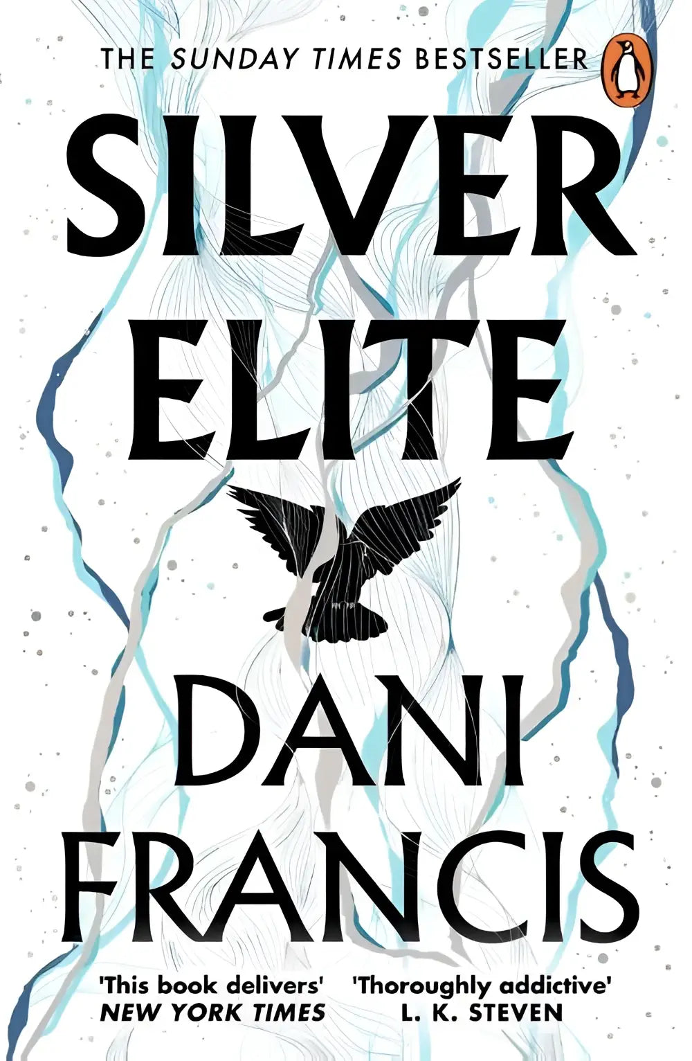 The book cover for silver elite by dani francis features bold black text with light blue and gray abstract waves and relates to fourth wing