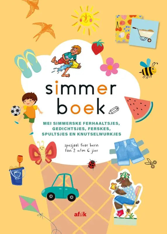 Een geel kinderactiviteitboek simmerboek met kleurrijke zomerillustraties voor mei simmerske ferhaaltsjes jonge lezers