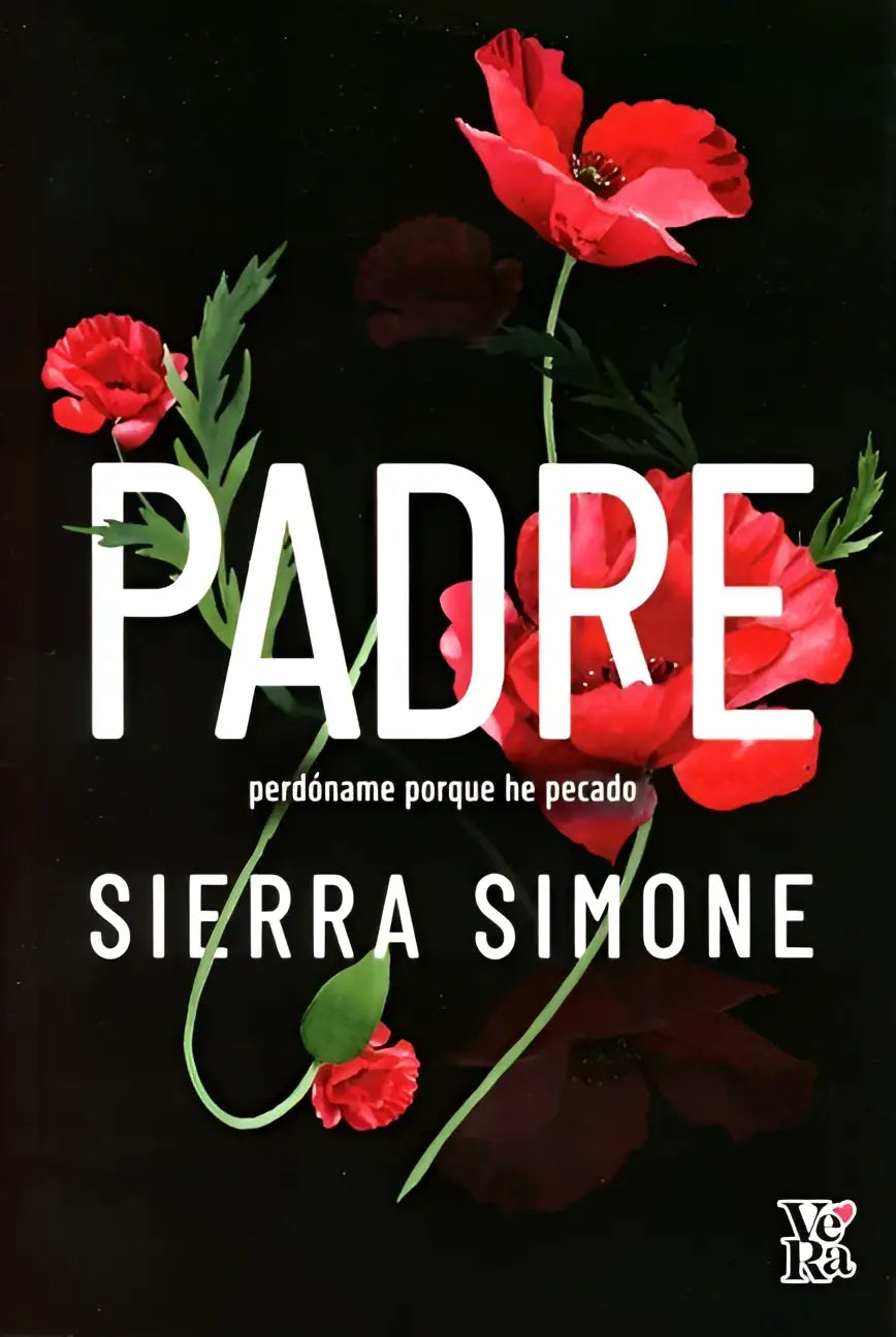 Rode klaproos bloemen met groene stelen siëren het donkere omslag van het boek padre van sierra simone