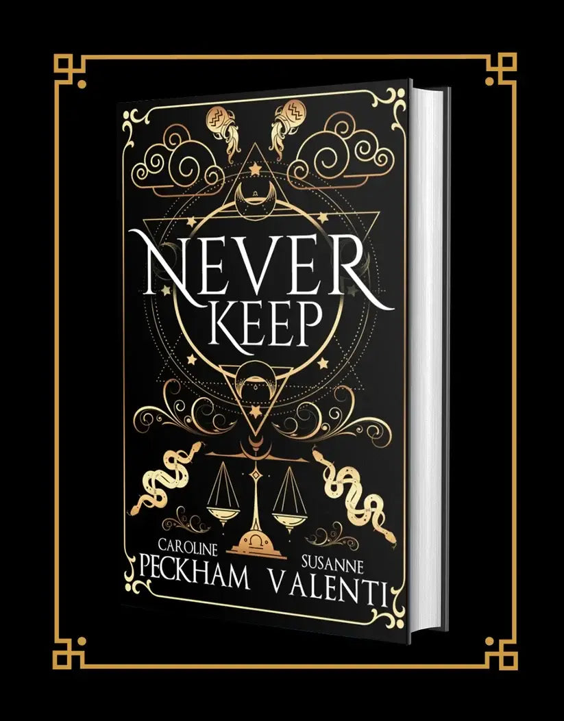 Zwarte hardcover boek never keep met gouden folie en sierlijke illustraties door caroline peckham sins of the zodiac