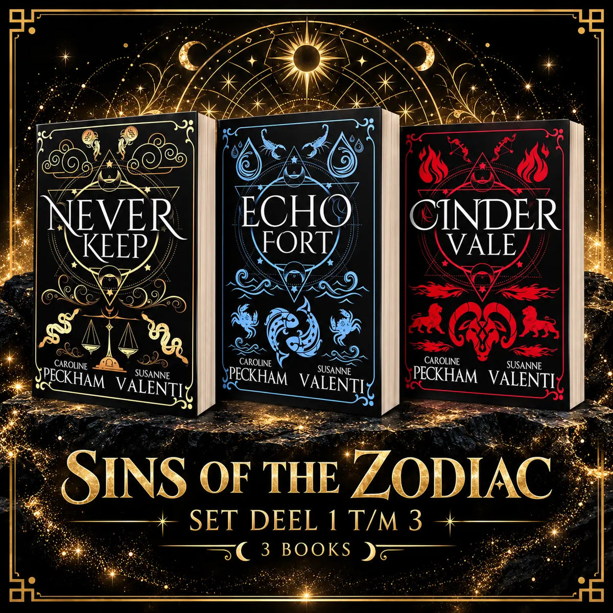 Drie hardcover boeken set deel 1 t/m 3 met goud blauwe en rode illustraties van de zodiac door caroline peckham