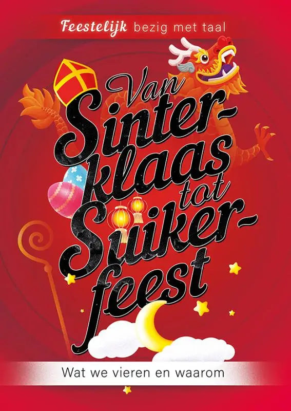 Boek van sinterklaas tot suikerfeest met rode kaft, zwarte tekst, cartoon draak, lantaarns en feestelijke symbolen