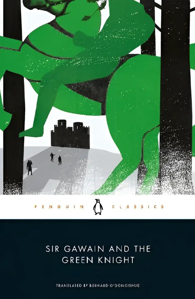 Groen geïllustreerde boekcover van sir gawain and the green knight met gestileerde green knight en kasteel penguin classics