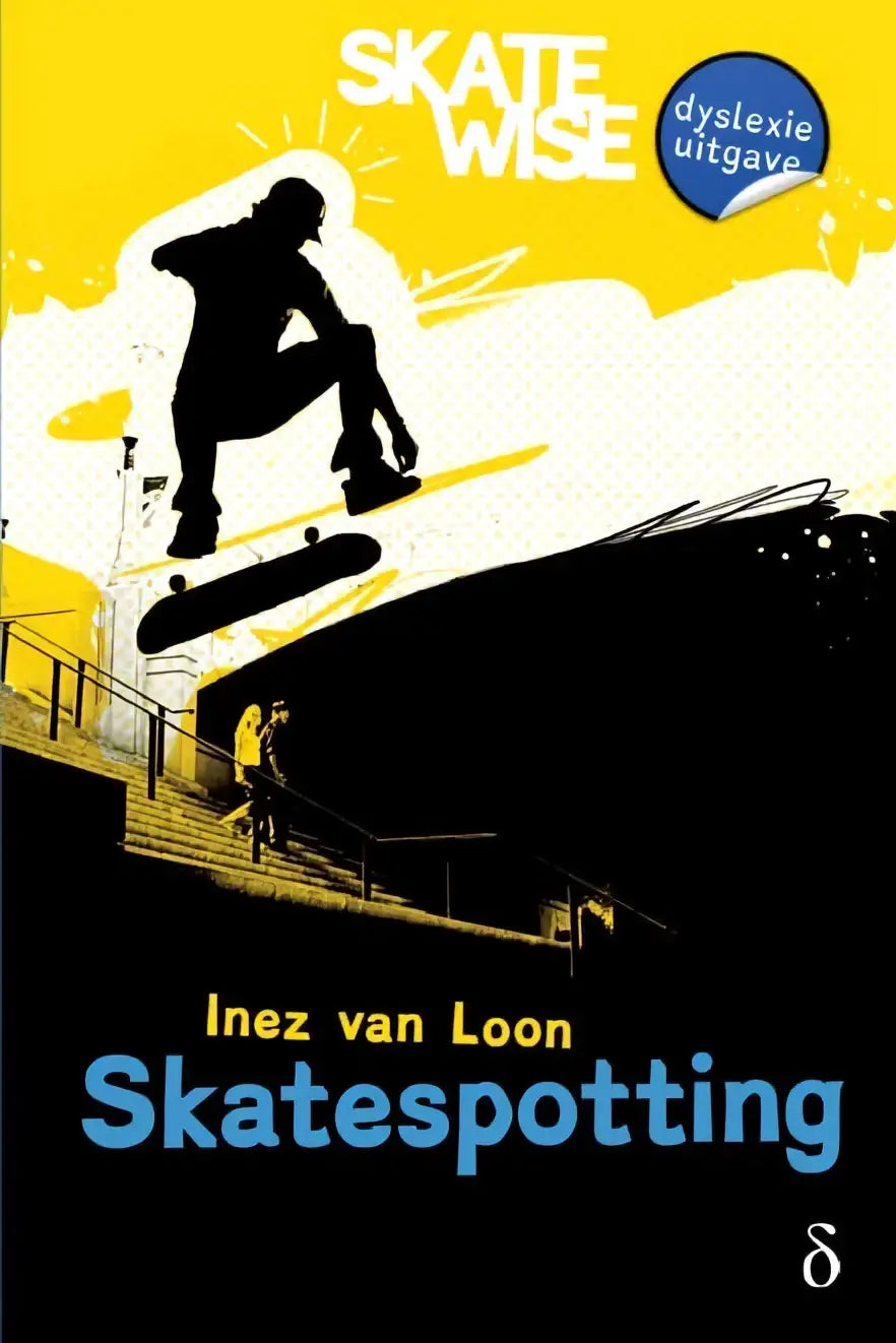 Gele en zwarte boekomslag met gestileerde skateboarder tegen gele lucht van skatespotting serie skatewise deel 1