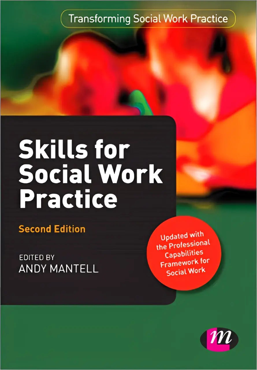 Groen boek met zwarte tekst en rode sticker getiteld skills for social work practice door andy mantell over social work vaardigheden