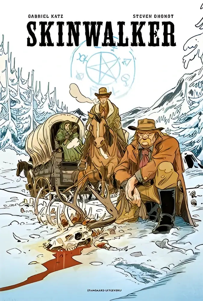 De cover van de comic skinwalker door gabriel katz en steven dhondt toont een besneeuwd landschap met twee mannen in historische kleding naast een paard en wagen en geweien op de grond