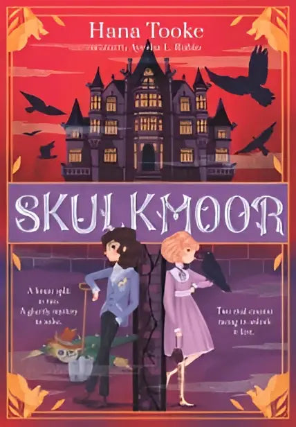 De skulkmoor boekcover toont een gotisch kasteel met zwarte torens tegen een oranje lucht voor middle grade teenfiction door hana tooke